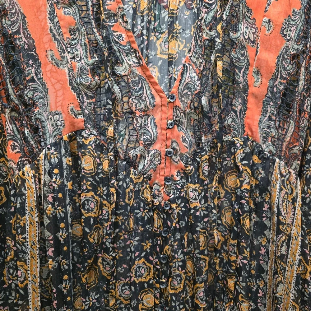 Free People Boho Paisley‎ Floral Sheer Maxi Dress Orange Black Long Sleeve XS